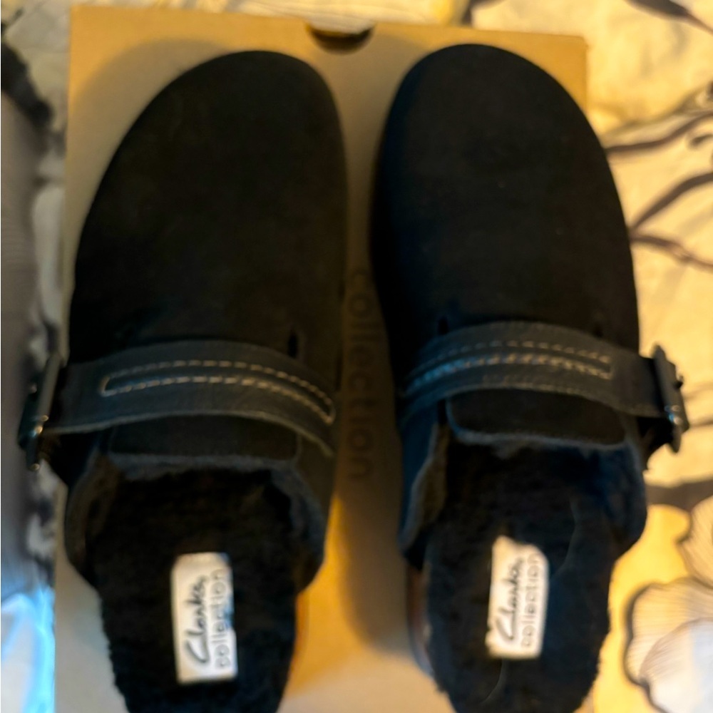 Clarks black suede clogs